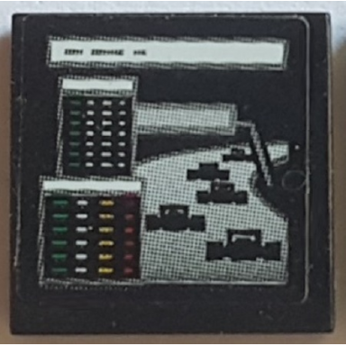 black tile 2 x 2 with computer screen with white green red and yellow lines in windows and formula 1 race cars pattern sticker - set 75883