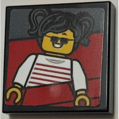 black tile 2 x 2 with photo of girl minifigure with black hair sunglasses and white striped top in red roller coaster seat pattern sticker - set 40429