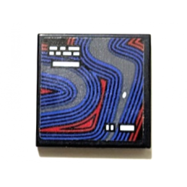 black tile 2 x 2 with screen with dark bluish gray blue and red race track and white rectangles pattern sticker - set 42162
