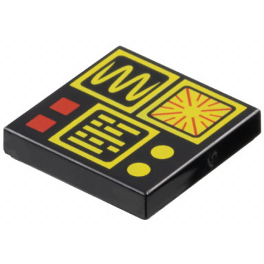 black tile 2 x 2 with red and yellow control panel buttons and square displays with wave radiating lines and text pattern
