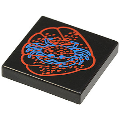 black tile 2 x 2 with blue and red scallop and crab pattern