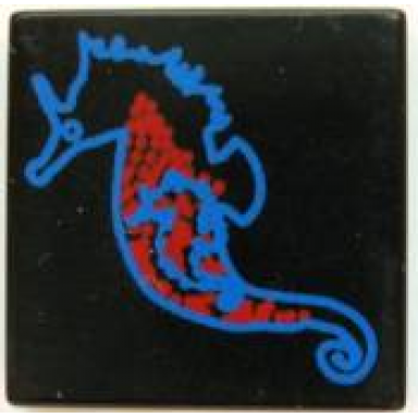 black tile 2 x 2 with blue and red seahorse pattern