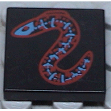 black tile 2 x 2 with blue and red eel pattern