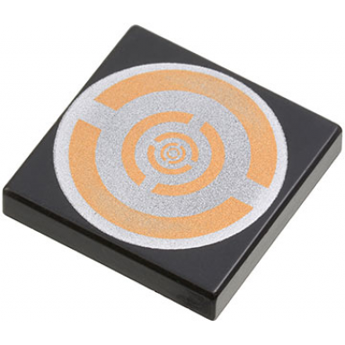 black tile 2 x 2 with silver and copper circular pattern