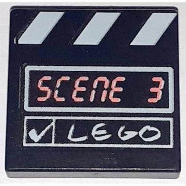 black tile 2 x 2 with scene 3 and white lego check mark and stripes film slate pattern
