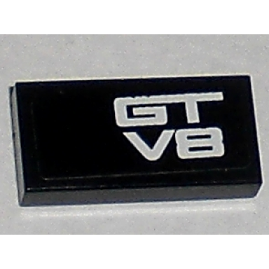black tile 1 x 2 with white gt and v8 pattern sticker - set 8196