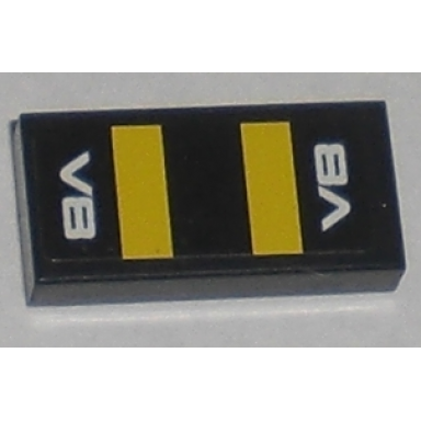 black tile 1 x 2 with white v8 and yellow stripes pattern sticker - set 8196
