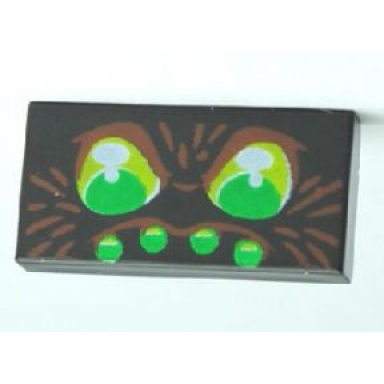 black tile 1 x 2 with green eyes and 4 green dots with brown hairs pattern spider face