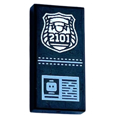 black tile 1 x 2 with silver police badge with 2101 and id pattern