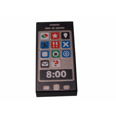 black tile 1 x 2 with cell phone smartphone octan star and other icons and 8:00 pattern