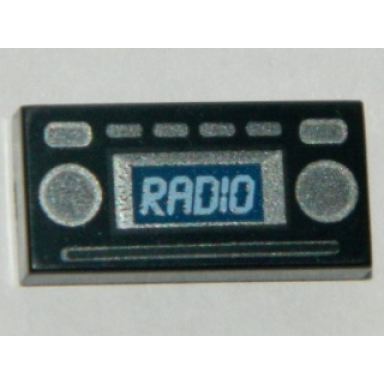 black tile 1 x 2 with light blue radio and silver buttons pattern