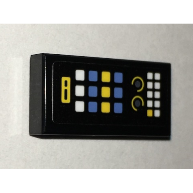 black tile 1 x 2 with batcomputer control console yellow blue and white square buttons lights pattern sticker - set 70909