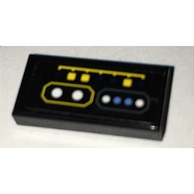 black tile 1 x 2 with batcomputer control console yellow square blue and white round buttons lights pattern sticker - set 70909