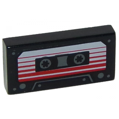 black tile 1 x 2 with audio cassette white label with red stripes pattern