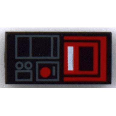 black tile 1 x 2 with red and gray video recorder pattern