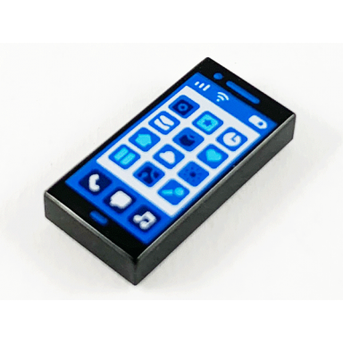 black tile 1 x 2 with blue and white cell phone smartphone screen and app icons pattern