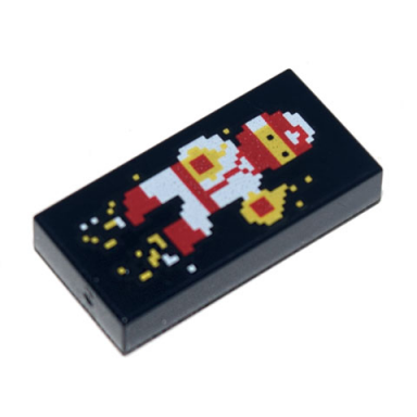 black tile 1 x 2 with pixelated red and white ninja with hands on fire pattern