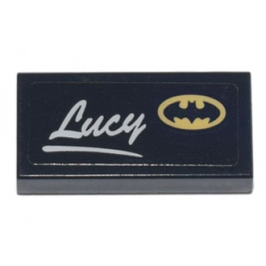 black tile 1 x 2 with script lucy and yellow batman logo pattern sticker - set 70840