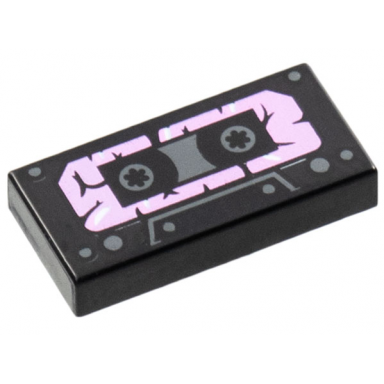 black tile 1 x 2 with cassette tape with bright pink tattered label pattern