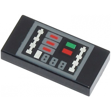 black tile 1 x 2 with control panel with dark bluish gray outline and silver green and red buttons pattern brickheadz darth vader torso