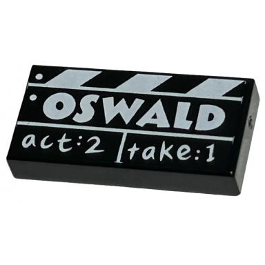 black tile 1 x 2 with film slate with white oswald and act:2 take:1 pattern