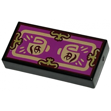 black tile 1 x 2 with gold shapes nougat border and minifigure hands with dark red eyes on magenta background pattern dr facilier fortune card
