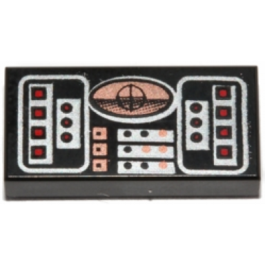 black tile 1 x 2 with avionics sw copper red silver pattern