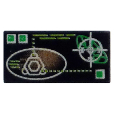 black tile 1 x 2 with copper and silver elliptical display and target green buttons pattern