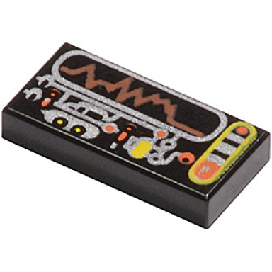 black tile 1 x 2 with silver orange yellow circuitry display pattern