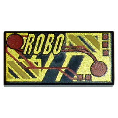 black tile 1 x 2 with roboforce gold robo and red circuitry pattern