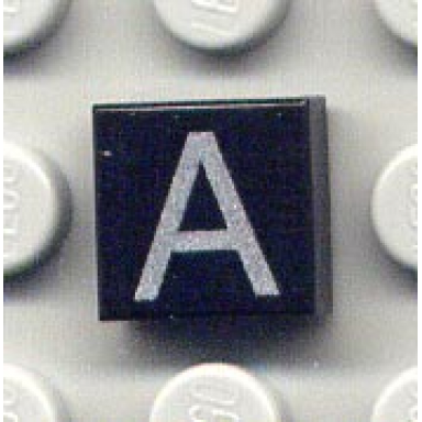 black tile 1 x 1 with silver capital letter a pattern
