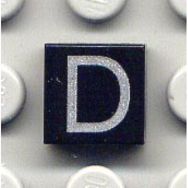 black tile 1 x 1 with silver capital letter d pattern