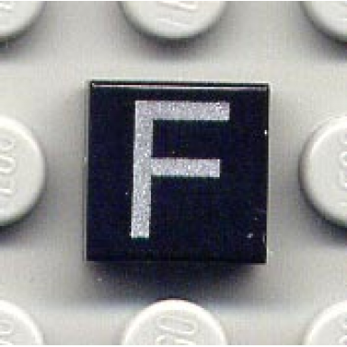 black tile 1 x 1 with silver capital letter f pattern