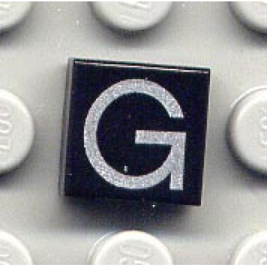 black tile 1 x 1 with silver capital letter g pattern