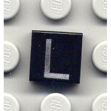 black tile 1 x 1 with silver capital letter l pattern