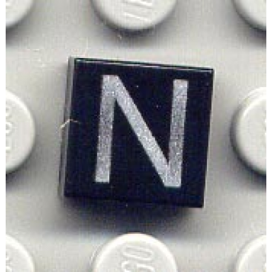 black tile 1 x 1 with silver capital letter n pattern