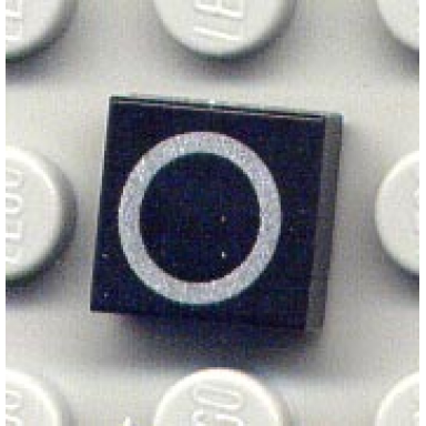 black tile 1 x 1 with silver capital letter o pattern