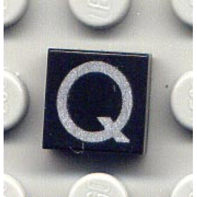 black tile 1 x 1 with silver capital letter q pattern undetermined type