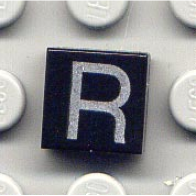 black tile 1 x 1 with silver capital letter r pattern