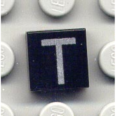 black tile 1 x 1 with silver capital letter t pattern