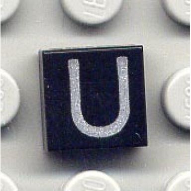 black tile 1 x 1 with silver capital letter u pattern
