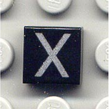 black tile 1 x 1 with silver capital letter x pattern