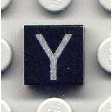 black tile 1 x 1 with silver capital letter y pattern