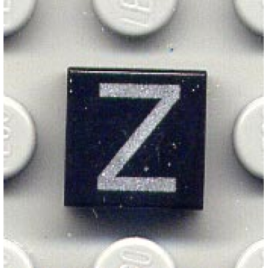 black tile 1 x 1 with silver capital letter z pattern