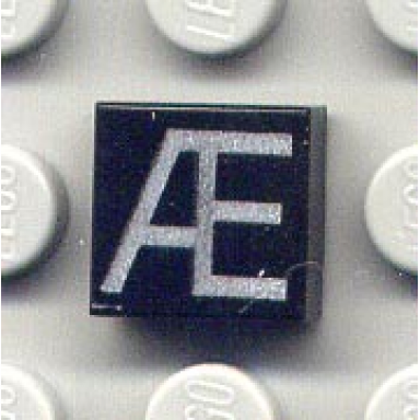 black tile 1 x 1 with silver capital letter æ pattern