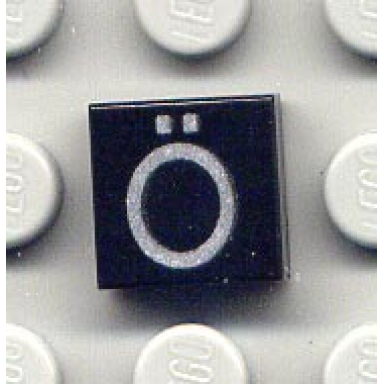 black tile 1 x 1 with silver capital letter o with diaeresis ö pattern