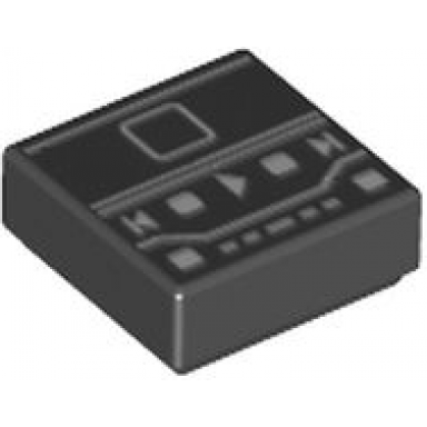 black tile 1 x 1 with digital music player screen with white lines squares and play triangle pattern