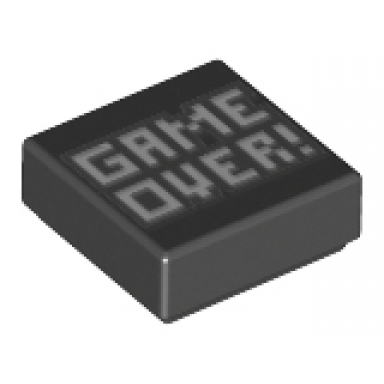black tile 1 x 1 with white pixelated game over! with dark silver outline pattern