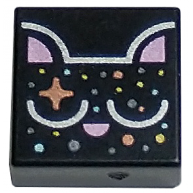black tile 1 x 1 with cat head with metallic pink ears and nose silver eyelids copper sparkle and dots pattern