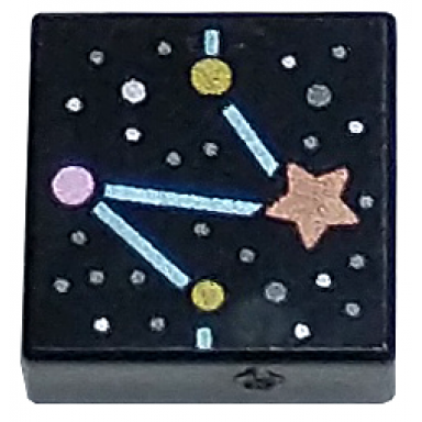 black tile 1 x 1 with constellation with metallic light blue lines copper star and gold metallic pink dark silver and silver dots pattern